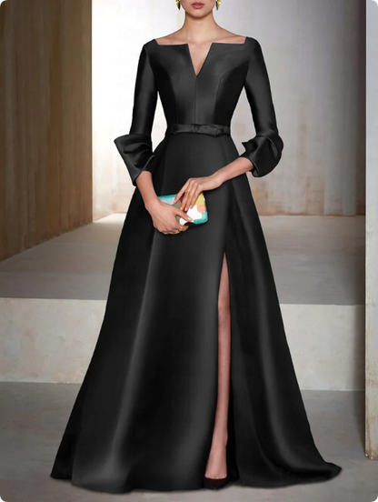 Elegant Satin Long-sleeve Prom Dress A-Line Evening Gown High Slit Party Dress Long Formal Dress TP4771