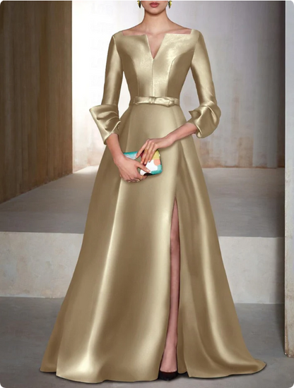 Elegant Satin Long-sleeve Prom Dress A-Line Evening Gown High Slit Party Dress Long Formal Dress TP4771