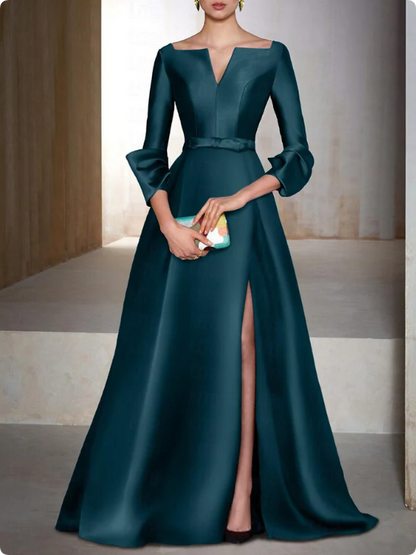 Elegant Satin Long-sleeve Prom Dress A-Line Evening Gown High Slit Party Dress Long Formal Dress TP4771