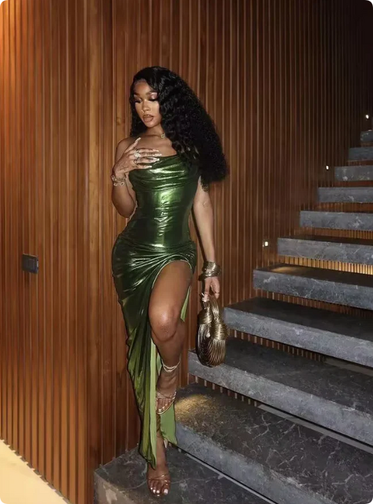 Elegant Green Spaghetti Strap Prom Dress Sheath Evening Gown High Slit Party Dress Long Formal Dress TP4770