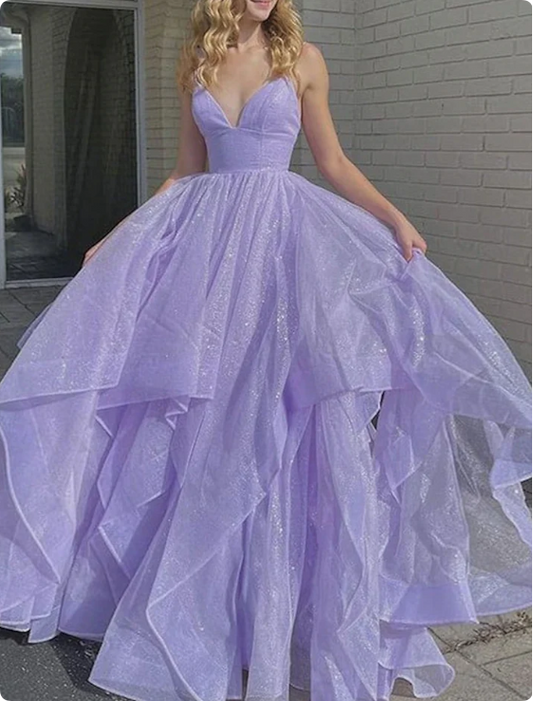 Vintage Lilac Glittering Tiered Spaghetti Strap Sweet 16 Quinceanera A-Line Floor-length Prom Dress Birthday Dress Evening Dress Ball Gown TP4769