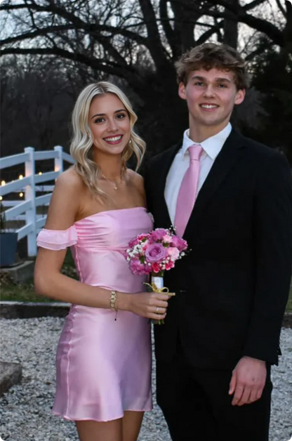 Vintage Pink Off-the-shoulder Homecoming Dress Satin Sheath Party Dress Short Cocktail Dress TP4768