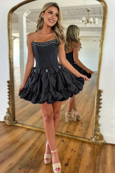 Vintage Beaded A-Line Homecoming Dress Strapless Party Dress Short Cocktail Dress TP4765