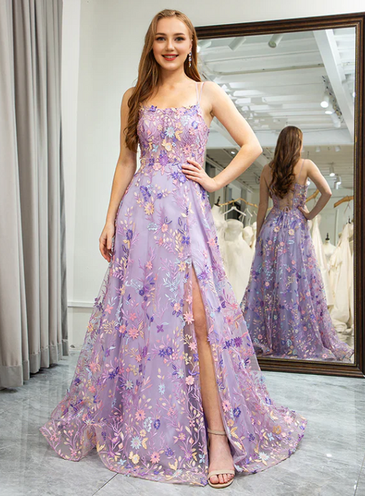 Elegant Floral Spaghetti Strap Prom Dress A-Line Applique Evening Gown High Slit Party Dress Long Formal Dress TP4763