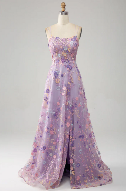 Elegant Floral Spaghetti Strap Prom Dress A-Line Applique Evening Gown High Slit Party Dress Long Formal Dress TP4763