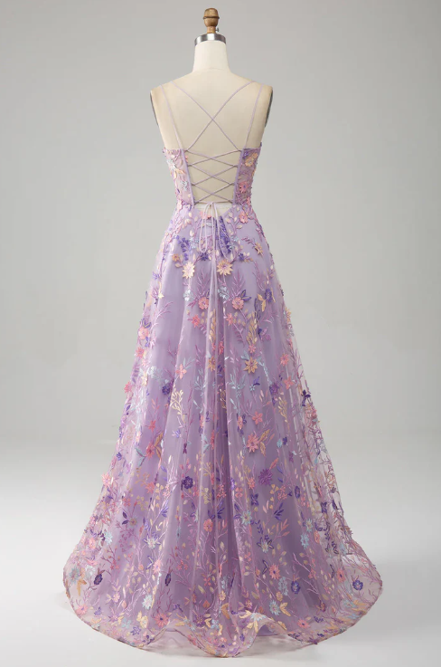 Elegant Floral Spaghetti Strap Prom Dress A-Line Applique Evening Gown High Slit Party Dress Long Formal Dress TP4763