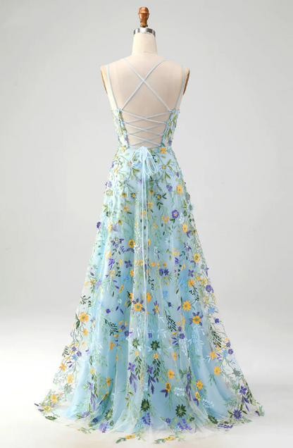 Elegant Floral Spaghetti Strap Prom Dress A-Line Applique Evening Gown High Slit Party Dress Long Formal Dress TP4763