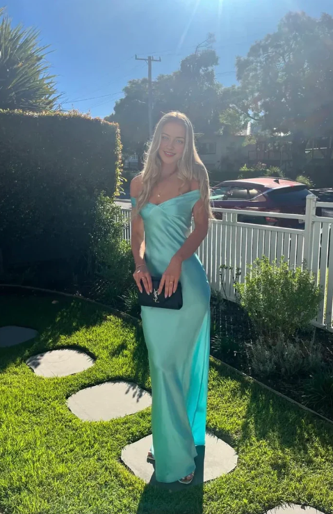 Elegant Aqua Satin Prom Dress Sheath Evening Gown Off-the-shoulder Party Dress Long Formal Dress TP4762
