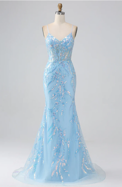 Elegant Light Blue Sequin Prom Dress Sheath V-neck Evening Gown Spaghetti Strap Party Dress Long Formal Dress TP4760