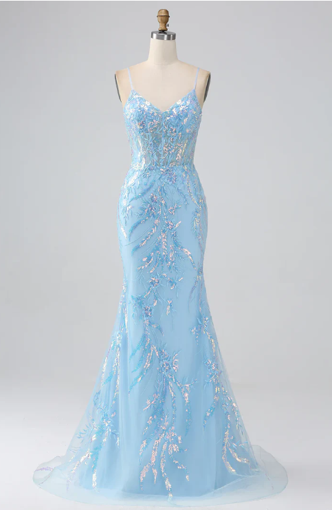 Elegant Light Blue Sequin Prom Dress Sheath V-neck Evening Gown Spaghetti Strap Party Dress Long Formal Dress TP4760