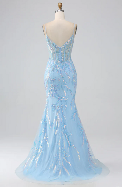 Elegant Light Blue Sequin Prom Dress Sheath V-neck Evening Gown Spaghetti Strap Party Dress Long Formal Dress TP4760