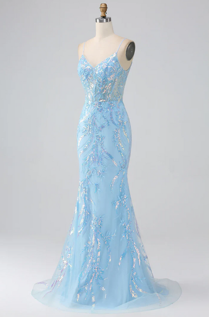 Elegant Light Blue Sequin Prom Dress Sheath V-neck Evening Gown Spaghetti Strap Party Dress Long Formal Dress TP4760