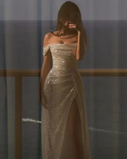 Elegant Shiny Off-the-shoulder Prom Dress Sheath Evening Gown High Slit Party Dress Long Formal Dress TP4758