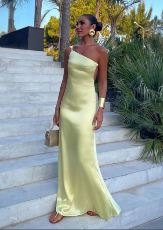 Elegant Yellow Satin Prom Dress One-shoulder Sheath Evening Gown Backless Party Dress Long Formal Dress TP4757