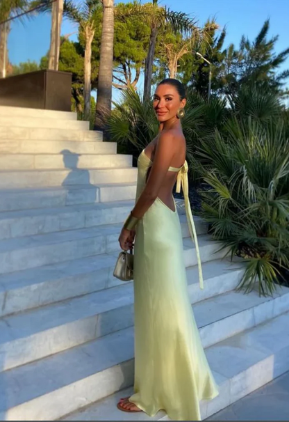 Elegant Yellow Satin Prom Dress One-shoulder Sheath Evening Gown Backless Party Dress Long Formal Dress TP4757