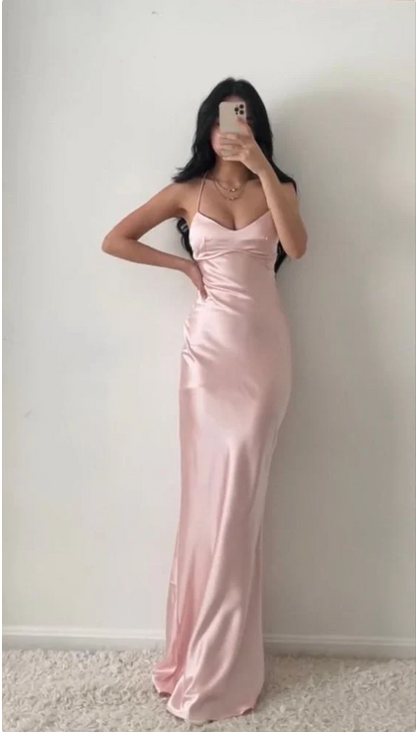 Elegant Pink Satin Prom Dress Sheath Evening Gown Backless Party Dress Long Formal Dress TP4792