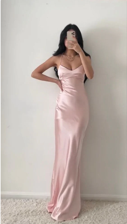 Elegant Pink Satin Prom Dress Sheath Evening Gown Backless Party Dress Long Formal Dress TP4792