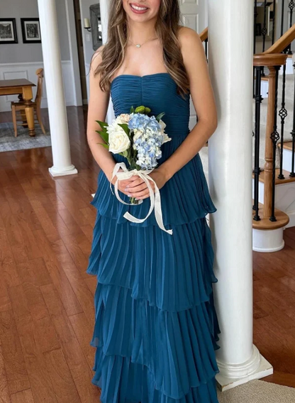Elegant Chiffon Strapless Prom Dress Sheath Pleated Evening Gown Tiered Party Dress Long Formal Dress TP4791