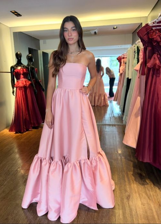 Elegant Pink Strapless Prom Dress A-Line Satin Evening Gown Party Dress Long Formal Dress TP4790