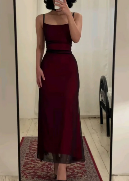 Elegant Burgundy Sheath Prom Dress Spaghetti Strap Evening Gown Party Dress Long Formal Dress TP4789