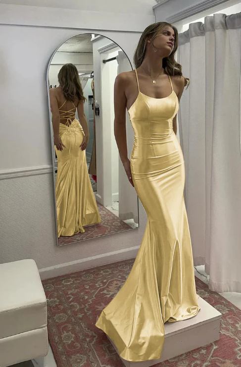 Elegant Satin Sheath Prom Dress Spaghetti Strap Evening Gown Party Dress Long Formal Dress TP4788