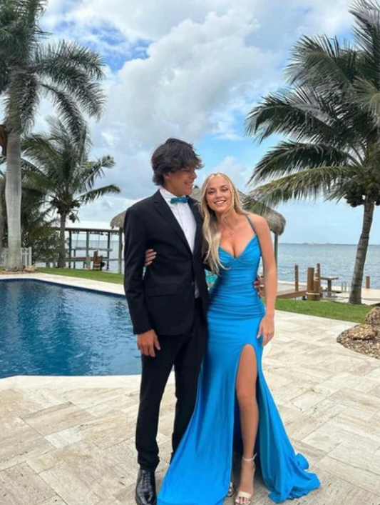 Elegant Blue Sheath Prom Dress Evening Gown High Slit Party Dress Long Formal Dress TP4785