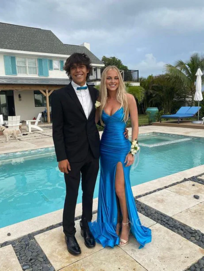 Elegant Blue Sheath Prom Dress Evening Gown High Slit Party Dress Long Formal Dress TP4785