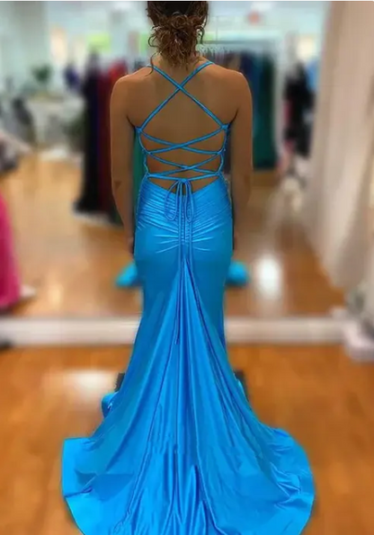 Elegant Blue Sheath Prom Dress Evening Gown High Slit Party Dress Long Formal Dress TP4785