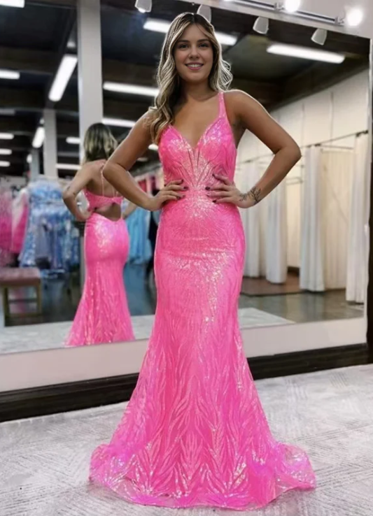 Elegant Sparkling Hot Pink Prom Dress V-neck Mermaid Evening Gown Party Dress Long Formal Dress TP4783