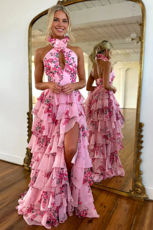 Elegant Pink Floral Prom Dress Halter-neck Evening Gown Chiffon High Slit Party Dress Long Formal Dress TP4780