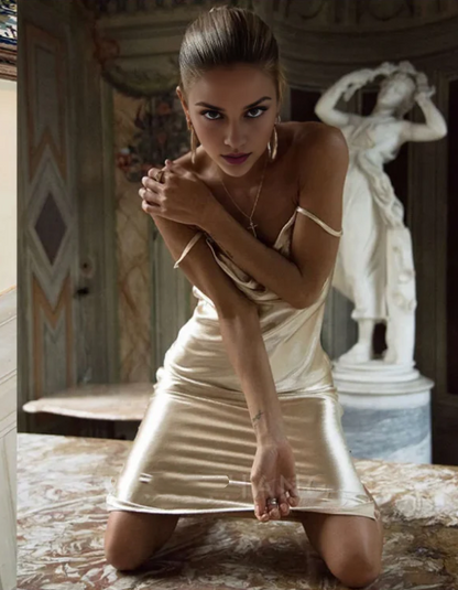 Elegant Champagne Satin Prom Dress Spaghetti Strap Evening Gown Sheath Backless Party Dress Long Formal Dress TP4779