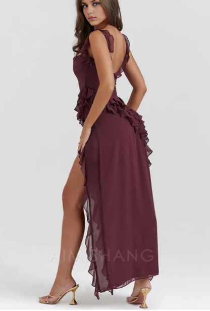 Elegant Purple Ruffled Prom Dress Sheath Evening Gown High Slit Party Dress Long Formal Dress TP4777