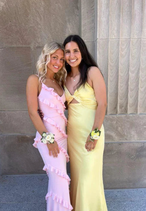 Elegant Pink Ruffled Prom Dress Sheath Evening Gown V-neck Party Dress Long Formal Dress TP4776