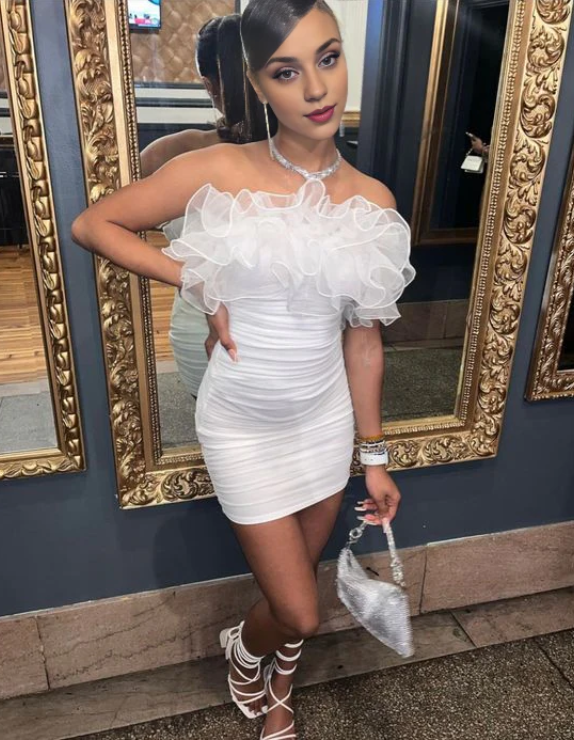 Vintage White Strapless Ruffles Homecoming Dress Sheath Bodycon Party Dress Short Cocktail Dress TP4801