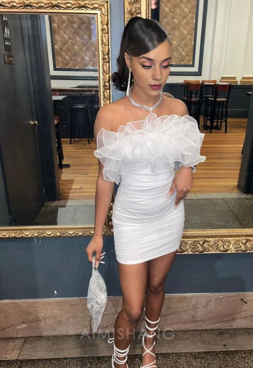Vintage White Strapless Ruffles Homecoming Dress Sheath Bodycon Party Dress Short Cocktail Dress TP4801