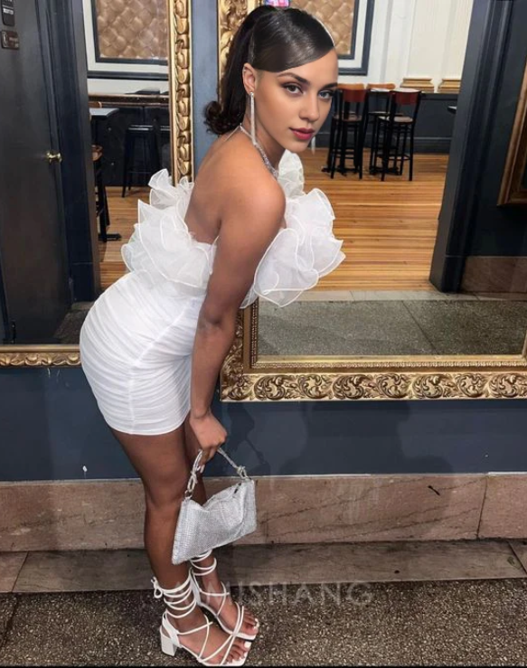 Vintage White Strapless Ruffles Homecoming Dress Sheath Bodycon Party Dress Short Cocktail Dress TP4801