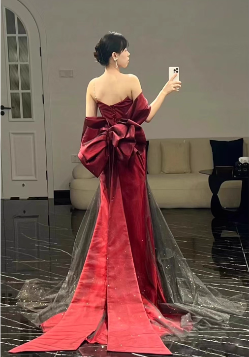 Elegant Burgundy Mermaid Prom Dress Sweetheart Evening Gown Bowknot Party Dress Long Formal Dress TP4798