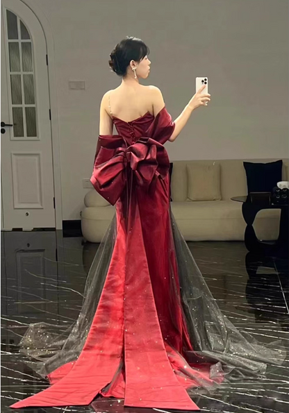 Elegant Burgundy Mermaid Prom Dress Sweetheart Evening Gown Bowknot Party Dress Long Formal Dress TP4798