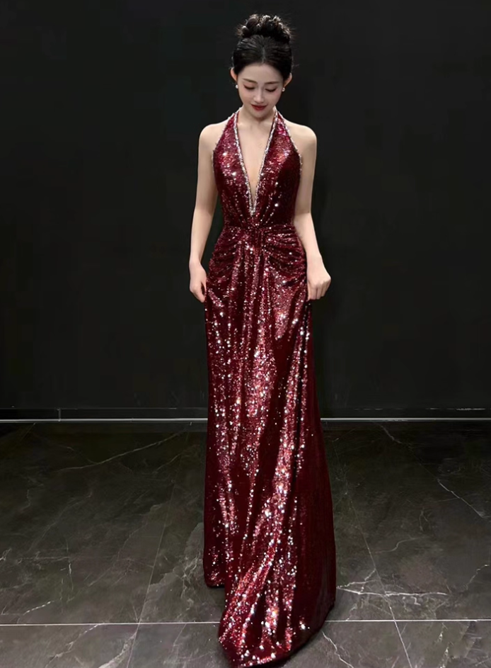 Elegant Burgundy Sheath Prom Dress V-neck Sequin Evening Gown Party Dress Long Formal Dress TP4796