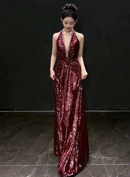Elegant Burgundy Sheath Prom Dress V-neck Sequin Evening Gown Party Dress Long Formal Dress TP4796
