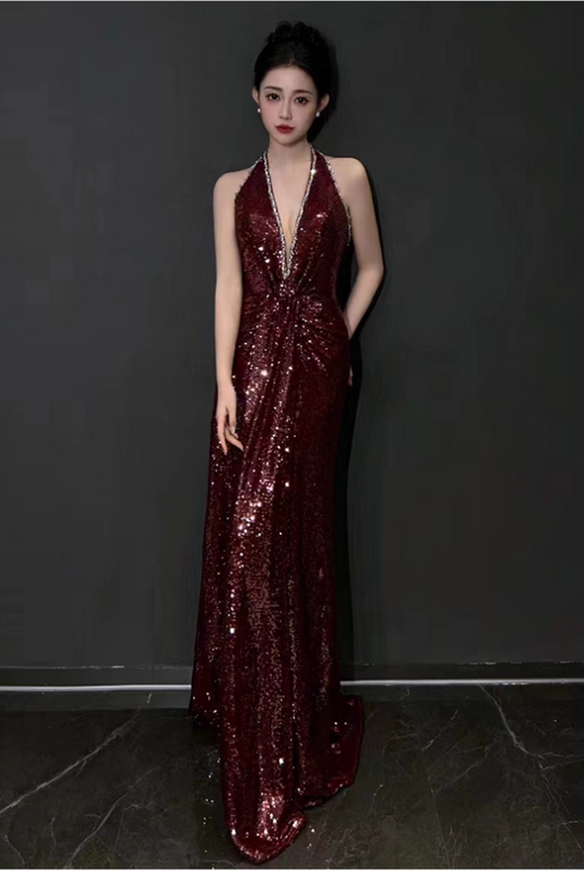 Elegant Burgundy Sheath Prom Dress V-neck Sequin Evening Gown Party Dress Long Formal Dress TP4796
