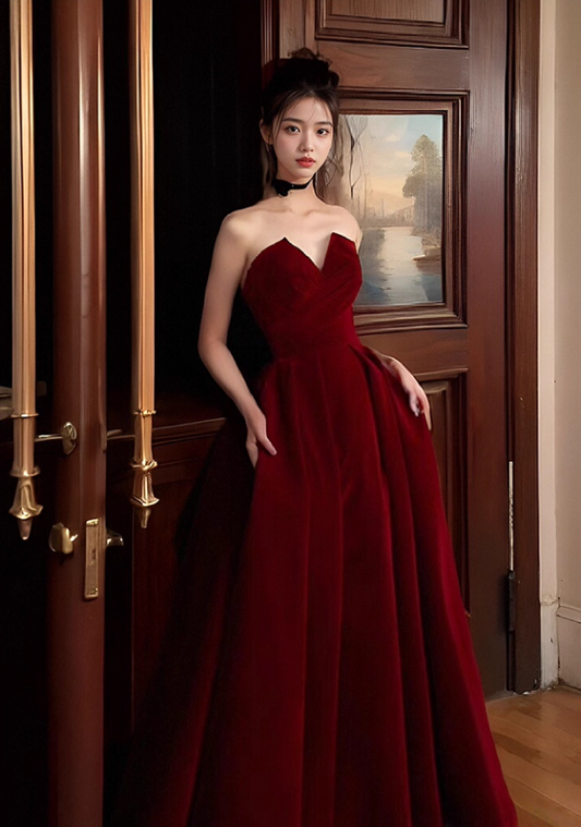Elegant Burgundy A-Line Prom Dress V-neck Strapless Evening Gown Party Dress Long Formal Dress TP4795