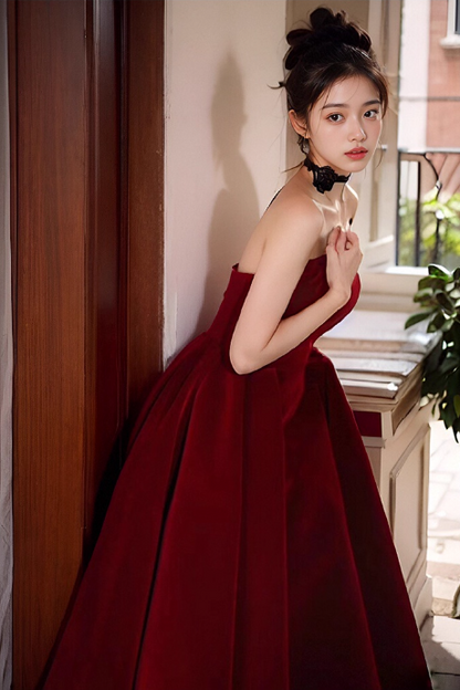 Elegant Burgundy A-Line Prom Dress V-neck Strapless Evening Gown Party Dress Long Formal Dress TP4795