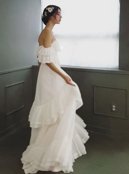 Elegant Ivory Lace Off-the-shoulder A-Line Tiered Wedding Dress TP4817