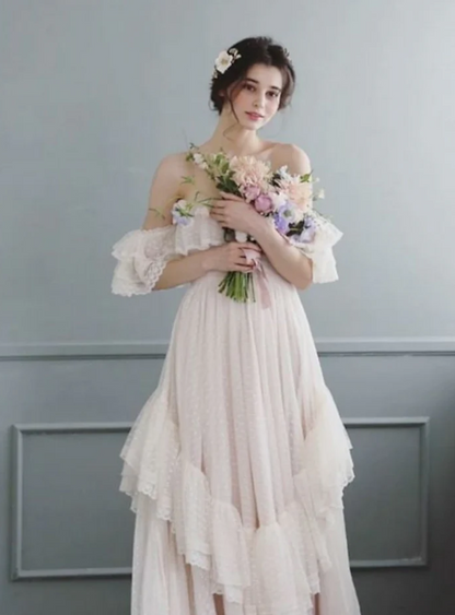 Elegant Ivory Lace Off-the-shoulder A-Line Tiered Wedding Dress TP4817