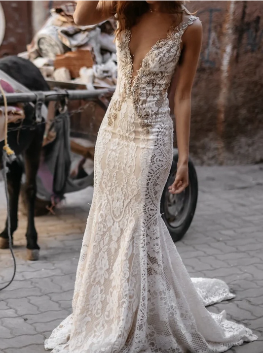 Elegant Lace V-neck Mermaid Beaded Long Wedding Dress TP4818