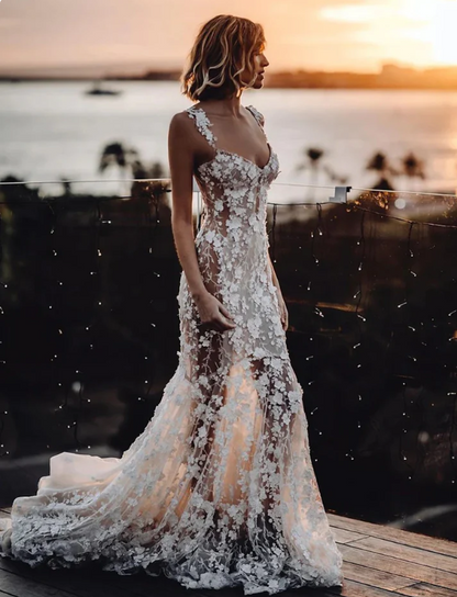 Elegant White Applique Straps Mermaid Long Wedding Dress TP4819