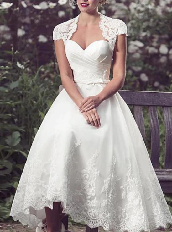 Elegant White Applique Cap Sleeve Tea Length A-Line Wedding Dress TP4820