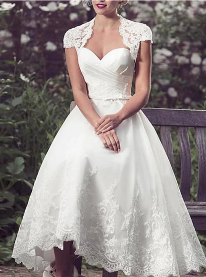 Elegant White Applique Cap Sleeve Tea Length A-Line Wedding Dress TP4820