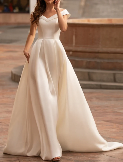 Elegant White V-neck Off-the-shoulder A-Line Satin Trailing Long Wedding Dress TP4823